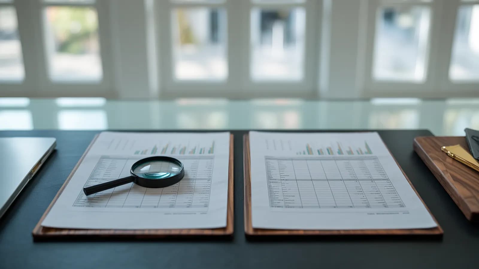 Comparing two spreadsheets with a magnifying glass, 1099-K reconciliation concept