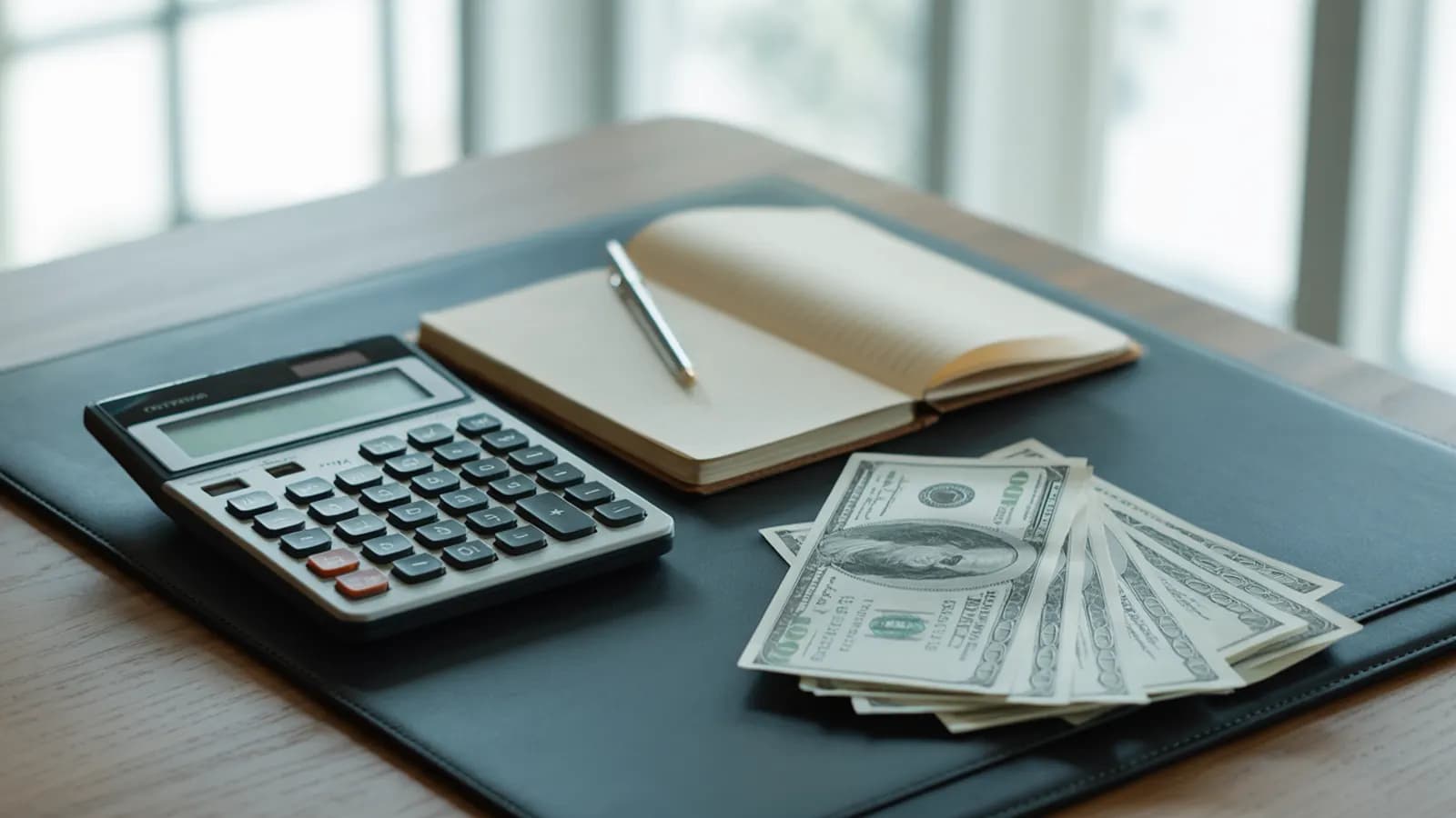 Calculator and cash on a desk while working through the COGS formula for an ecommerce product line