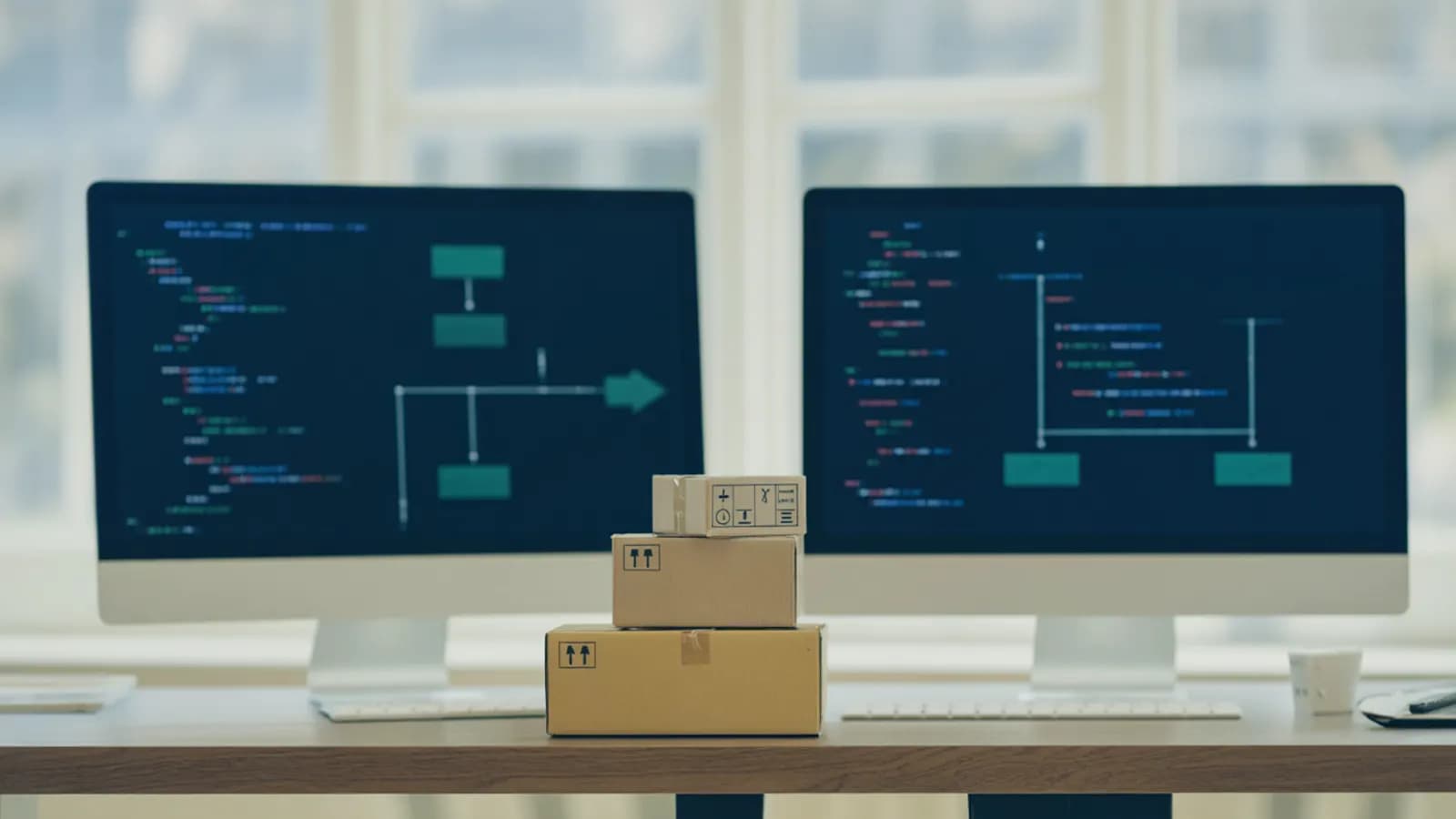 Ecommerce operations engineering workstation with code and workflow diagrams beside shipping boxes