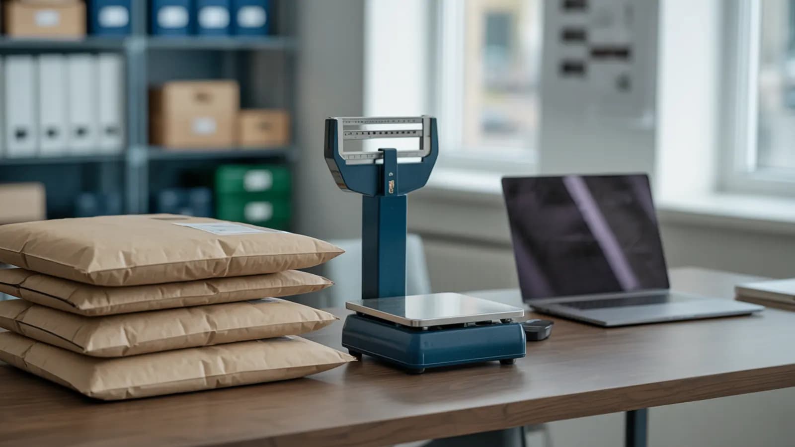 Reseller's packing station with shipping scale and mailers, ready for multi-platform bookkeeping across Poshmark, Mercari and eBay
