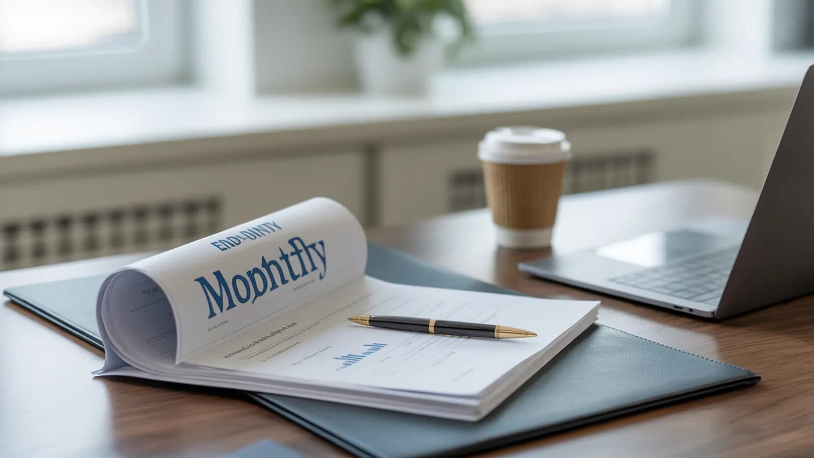 Completed monthly bookkeeping close packet with financial reports on an accountant's desk