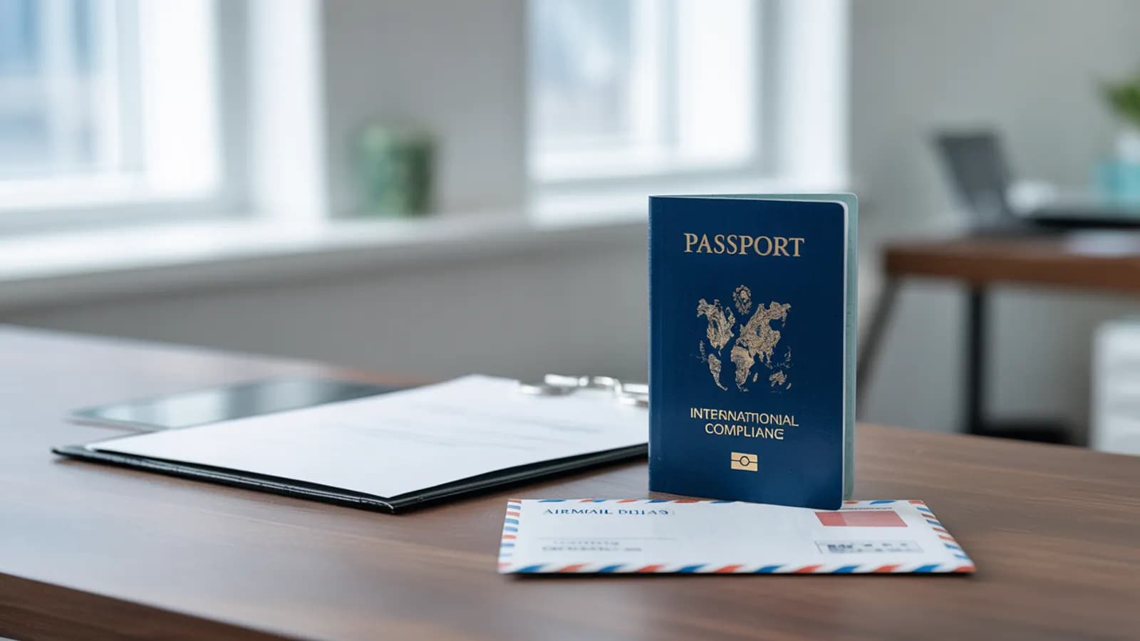 Official document, passport and airmail envelope for Form 5472 foreign-owned LLC filing